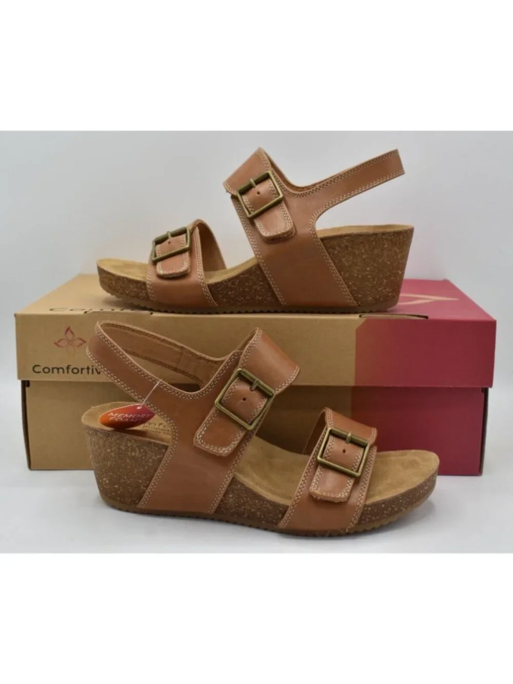 Comfortiva Womens Size 10 Erlina Sand Brown Leather‎ Wedge Sandals Shoes